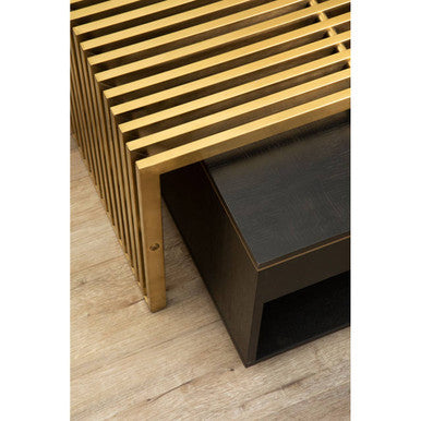 Black Oak Veneer 1-Drawer Coffee Table With Gold Trim & Lower Storage Shelf, Diamond