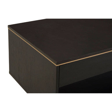 Black Oak Veneer 1-Drawer Coffee Table With Gold Trim & Lower Storage Shelf, Diamond
