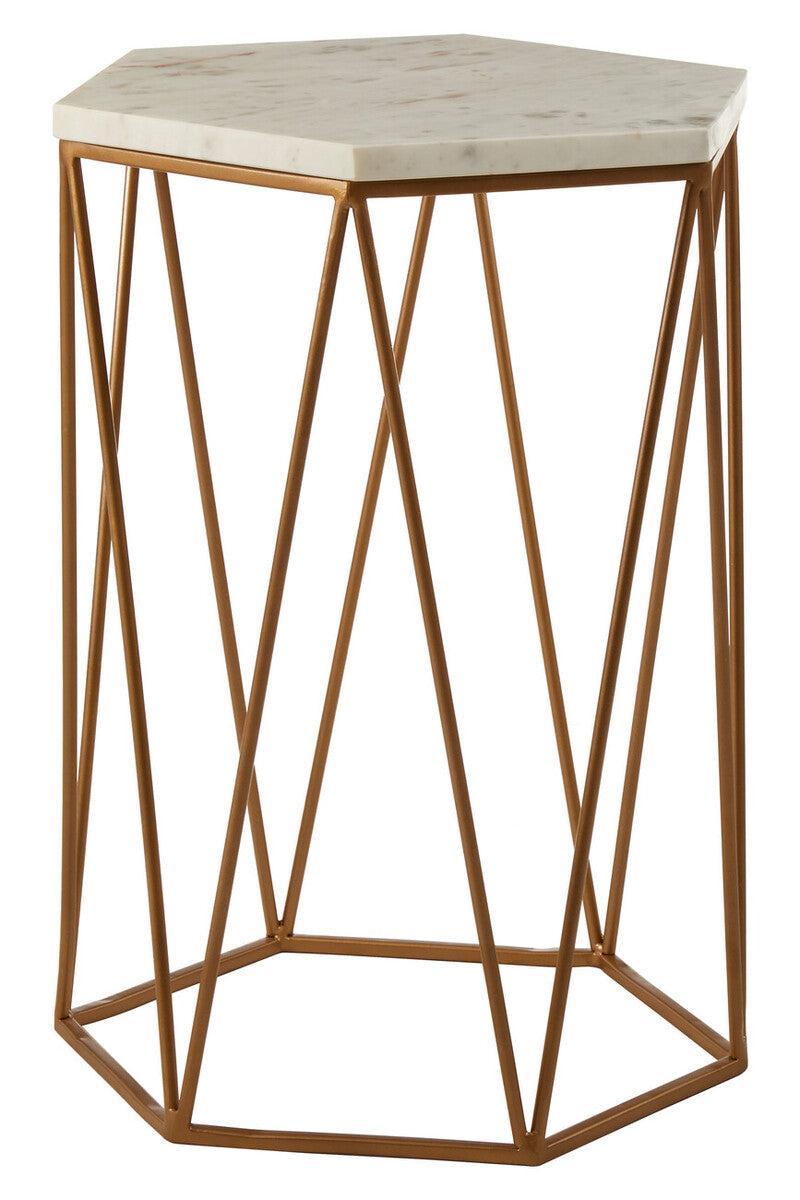 White Solid Marble Top Hexagonal Side Table With Gold Metal Frame, Shalimar