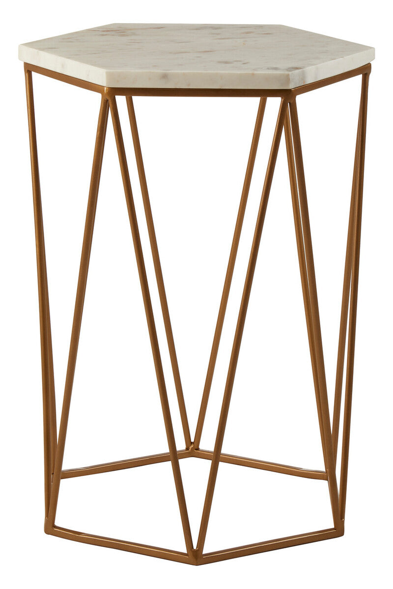 White Solid Marble Top Hexagonal Side Table With Gold Metal Frame, Shalimar