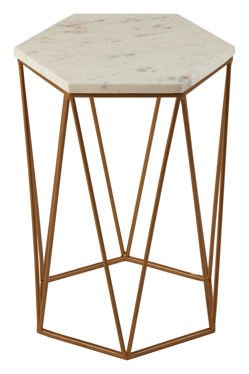 White Solid Marble Top Hexagonal Side Table With Gold Metal Frame, Shalimar