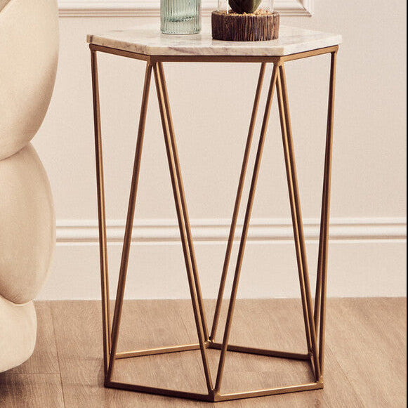 White Solid Marble Top Hexagonal Side Table With Gold Metal Frame, Shalimar