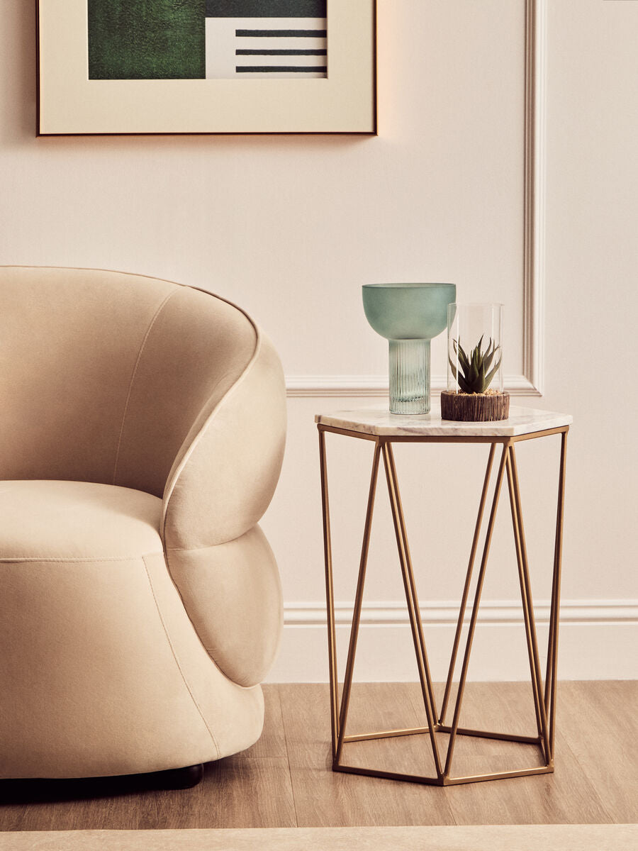 White Solid Marble Top Hexagonal Side Table With Gold Metal Frame, Shalimar