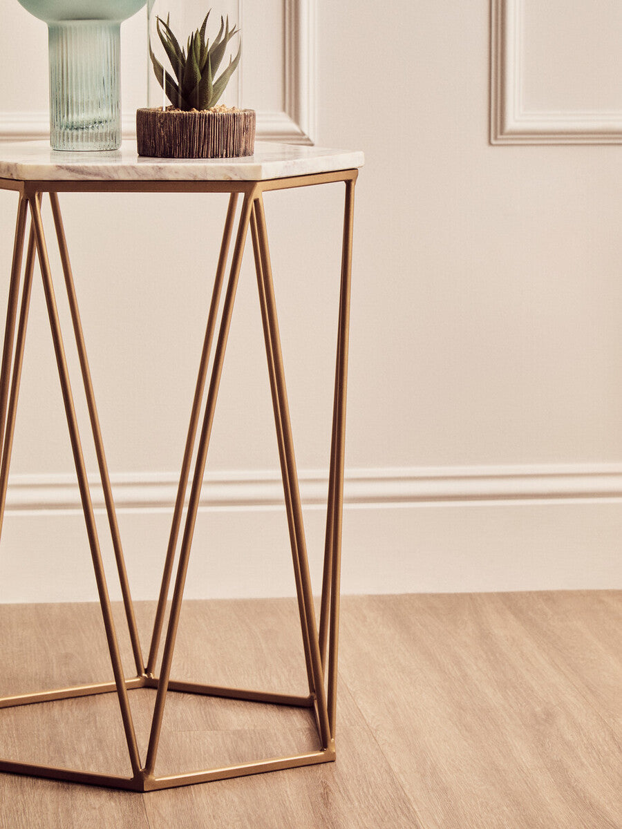 White Solid Marble Top Hexagonal Side Table With Gold Metal Frame, Shalimar
