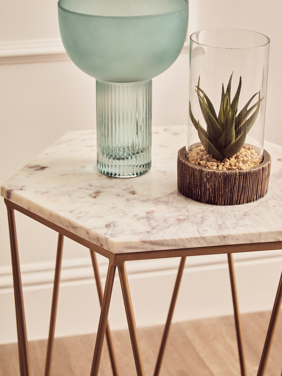 White Solid Marble Top Hexagonal Side Table With Gold Metal Frame, Shalimar
