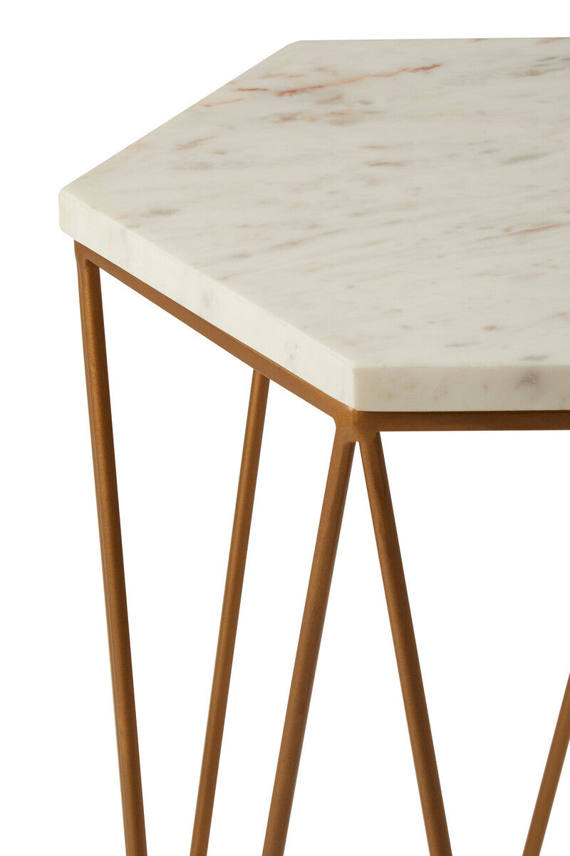 White Solid Marble Top Hexagonal Side Table With Gold Metal Frame, Shalimar
