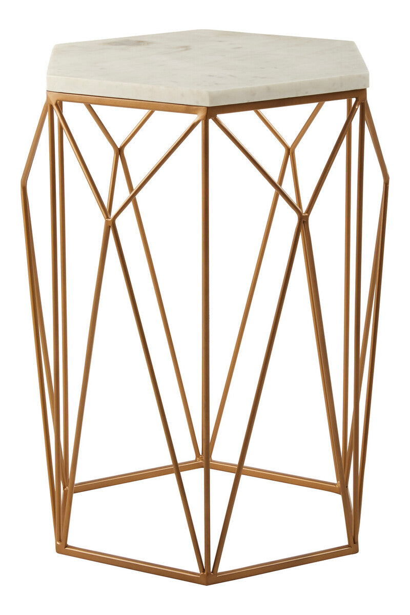 White Marble Top Side Table With Geometric Open Frame Gold Metal Base, Shalimar