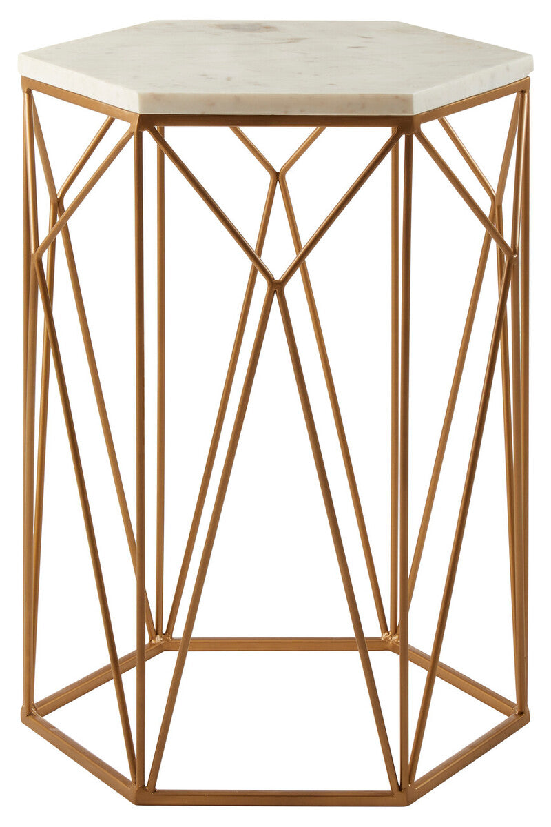 White Marble Top Side Table With Geometric Open Frame Gold Metal Base, Shalimar