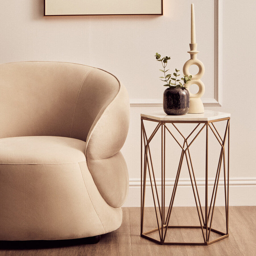 White Marble Top Side Table With Geometric Open Frame Gold Metal Base, Shalimar
