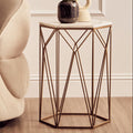 White Marble Top Side Table With Geometric Open Frame Gold Metal Base, Shalimar