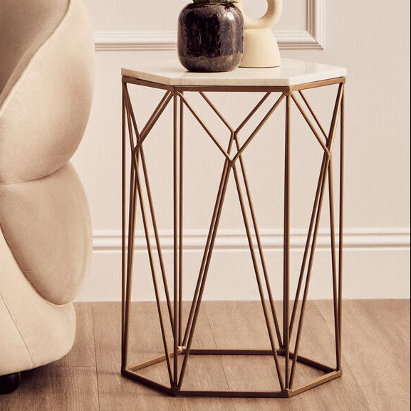 White Marble Top Side Table With Geometric Open Frame Gold Metal Base, Shalimar