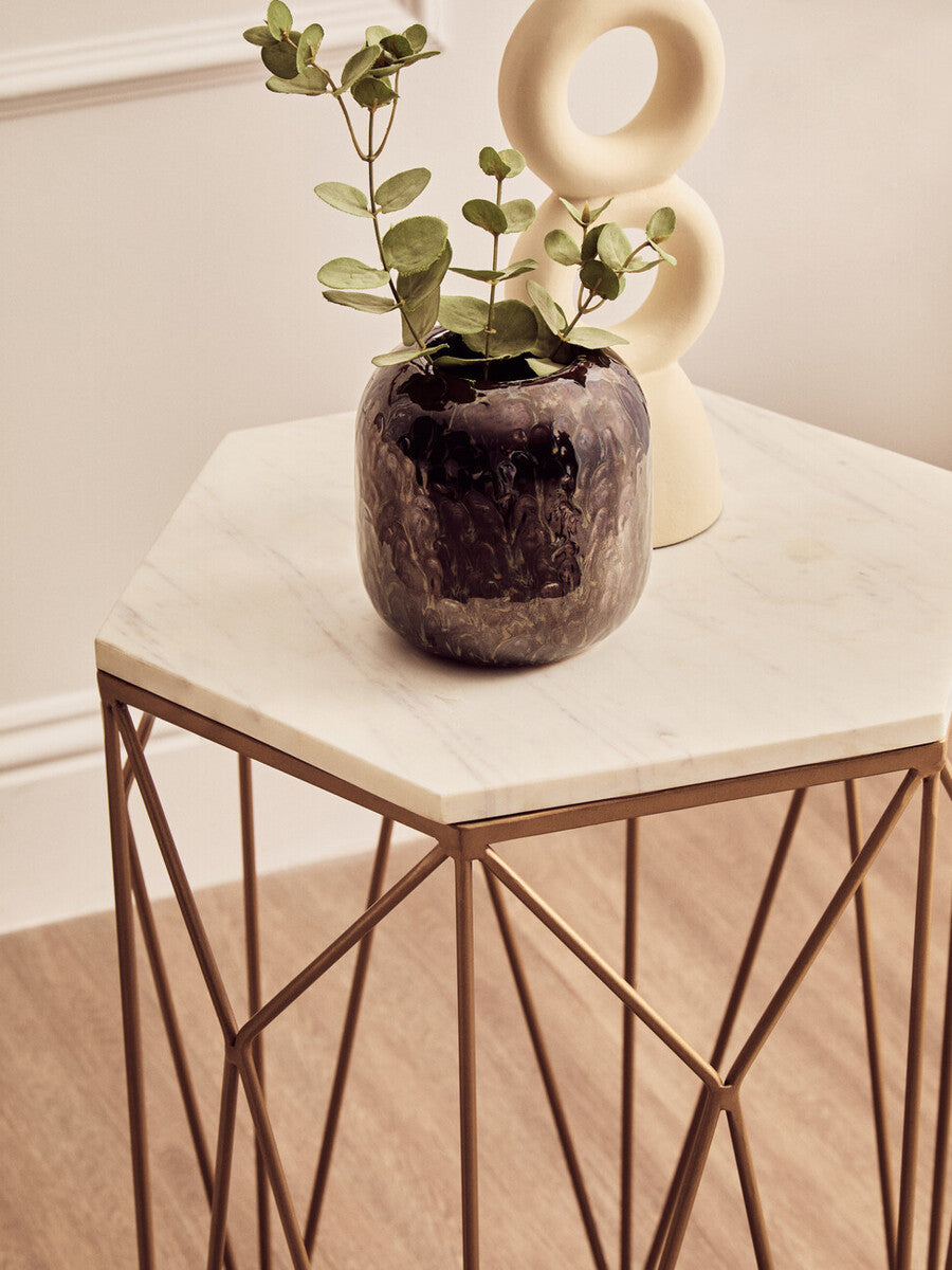 White Marble Top Side Table With Geometric Open Frame Gold Metal Base, Shalimar