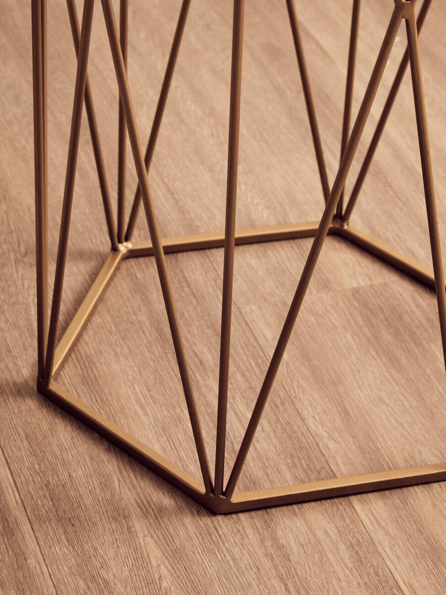 White Marble Top Side Table With Geometric Open Frame Gold Metal Base, Shalimar