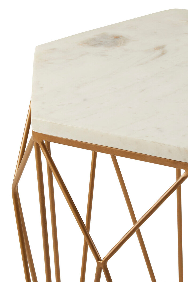 White Marble Top Side Table With Geometric Open Frame Gold Metal Base, Shalimar