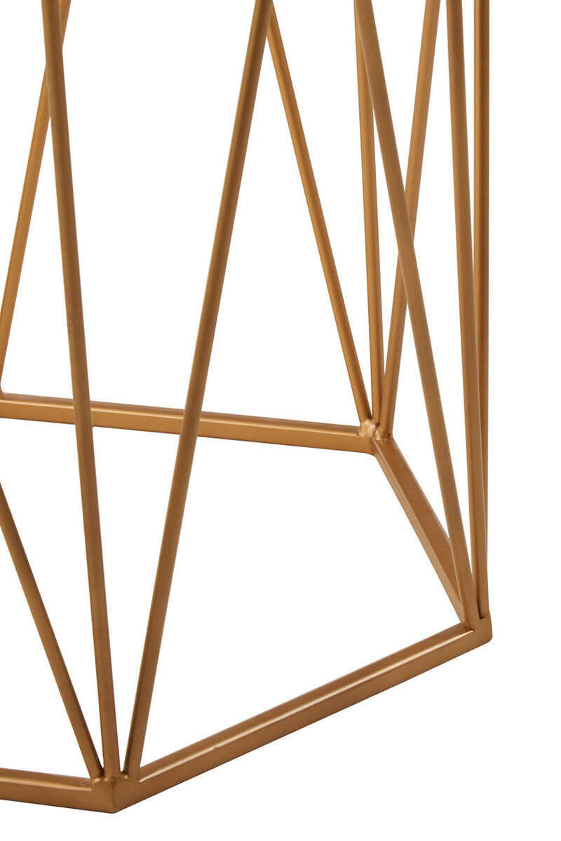 White Marble Top Side Table With Geometric Open Frame Gold Metal Base, Shalimar