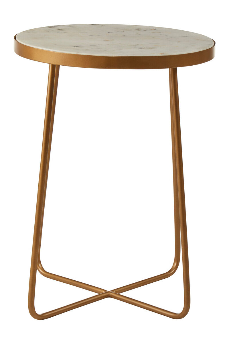 White Marble Top Round Side Table With Flowing Gold Metal Cross Base, Shalimar