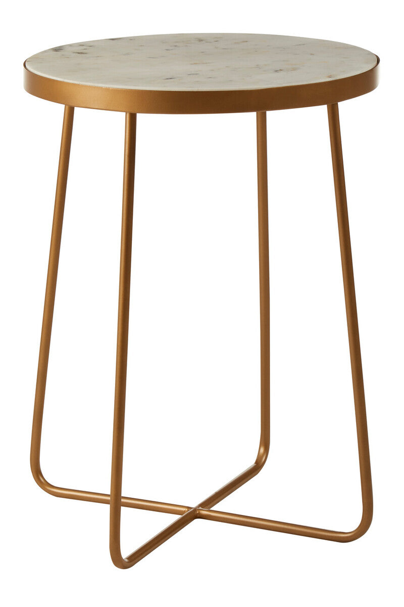 White Marble Top Round Side Table With Flowing Gold Metal Cross Base, Shalimar