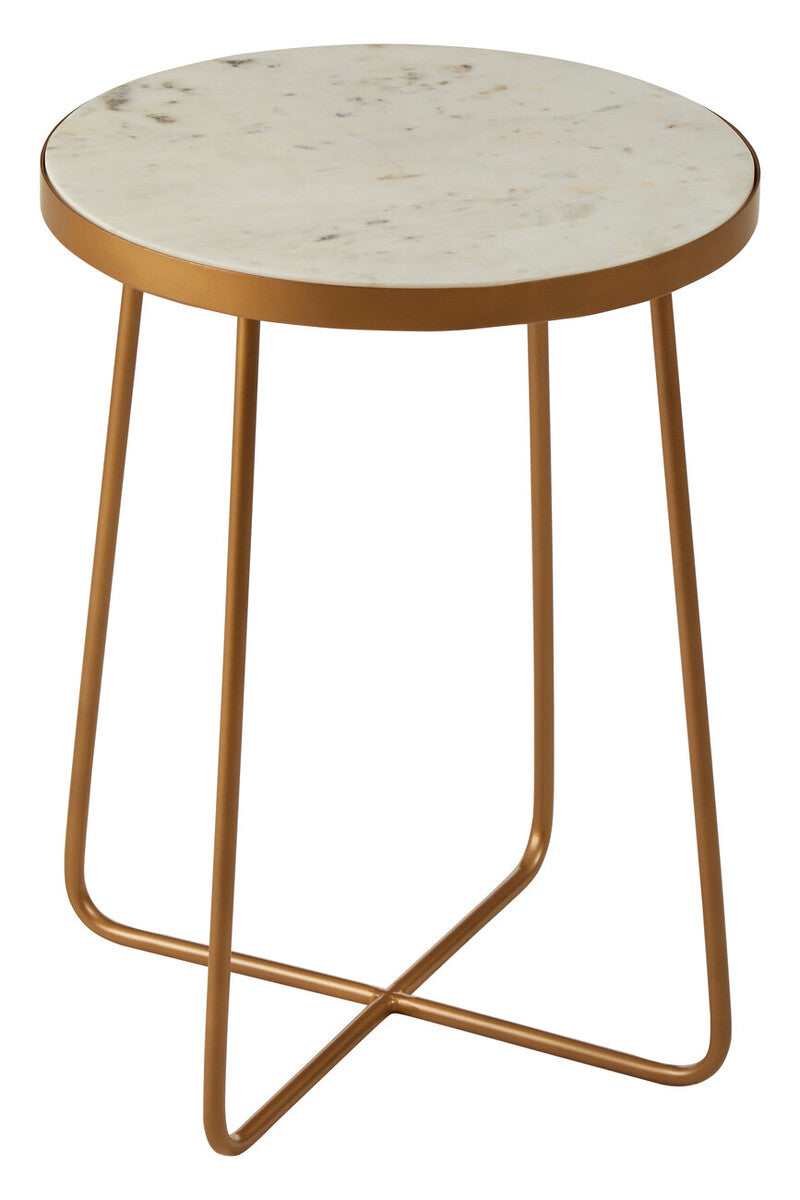 White Marble Top Round Side Table With Flowing Gold Metal Cross Base, Shalimar