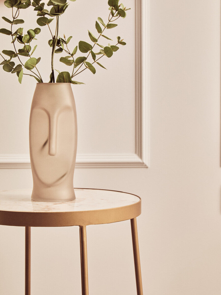 White Marble Top Round Side Table With Flowing Gold Metal Cross Base, Shalimar