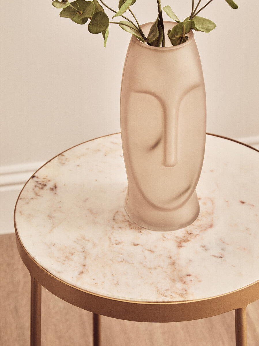White Marble Top Round Side Table With Flowing Gold Metal Cross Base, Shalimar