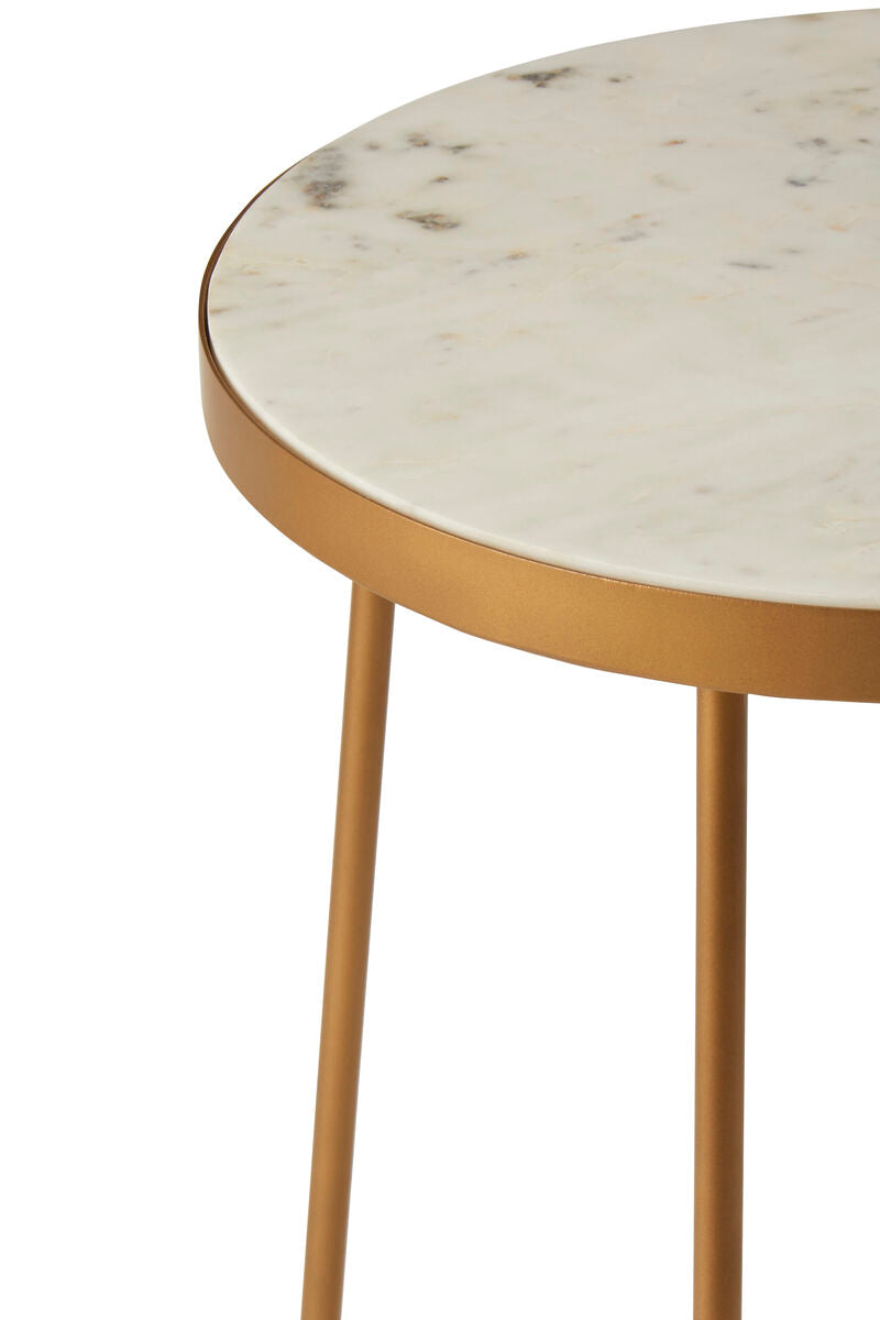 White Marble Top Round Side Table With Flowing Gold Metal Cross Base, Shalimar