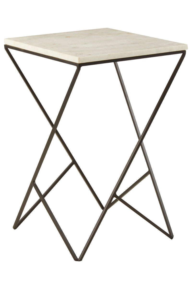 White Marble Top Square Side Table With Black Metal Legs, Shalimar