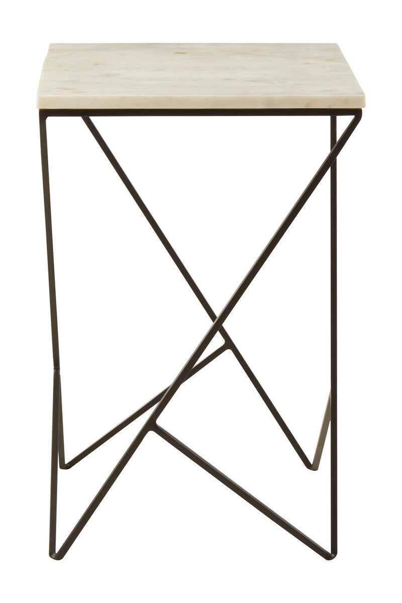 White Marble Top Square Side Table With Black Metal Legs, Shalimar
