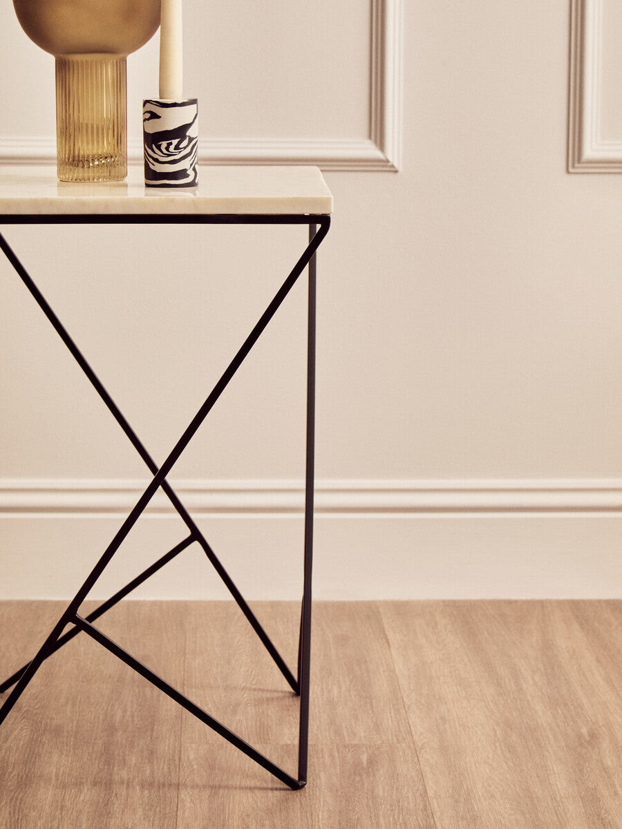 White Marble Top Square Side Table With Black Metal Legs, Shalimar