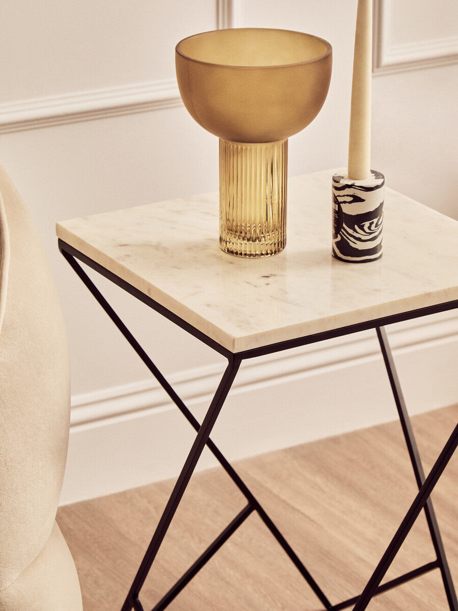 White Marble Top Square Side Table With Black Metal Legs, Shalimar