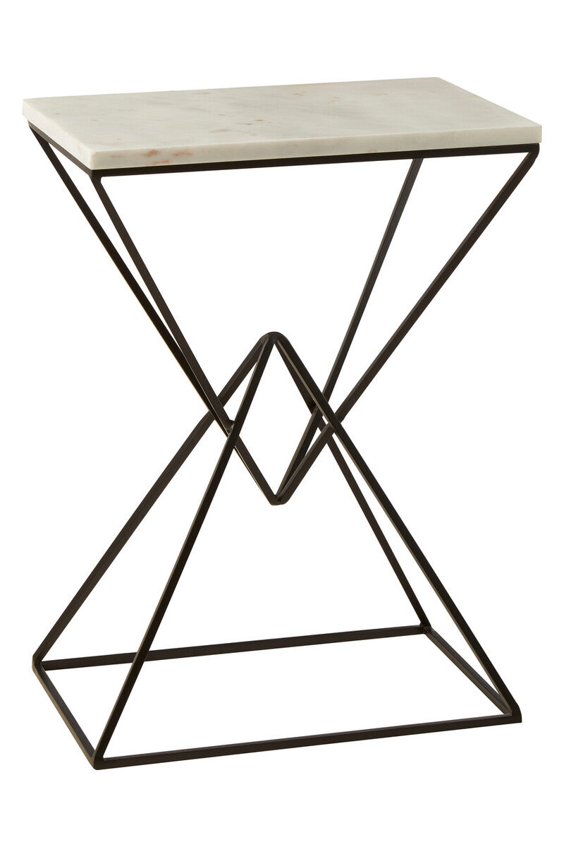White Marble Top Rectangular Side Table With Black Metal Prismatic Base, Shalimar