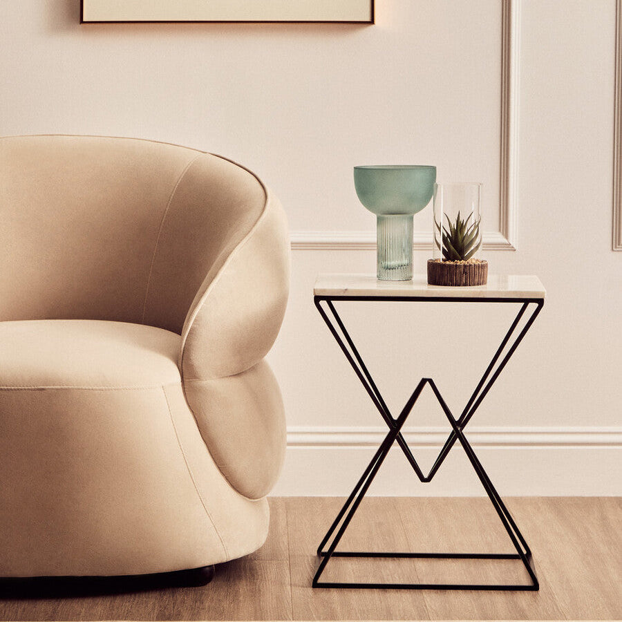 White Marble Top Rectangular Side Table With Black Metal Prismatic Base, Shalimar