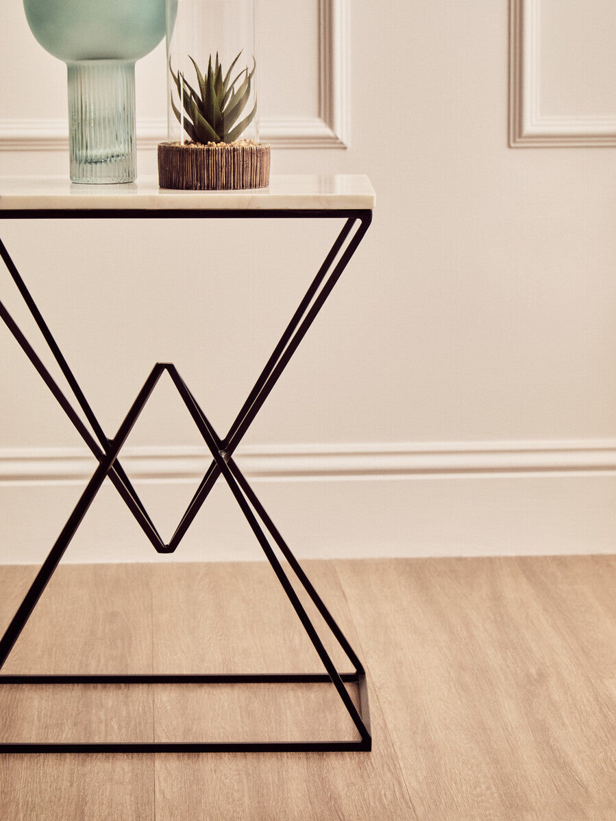 White Marble Top Rectangular Side Table With Black Metal Prismatic Base, Shalimar