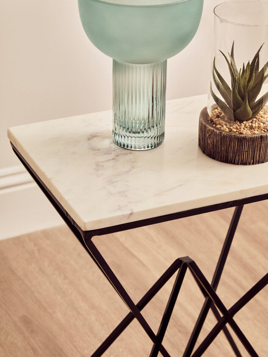White Marble Top Rectangular Side Table With Black Metal Prismatic Base, Shalimar