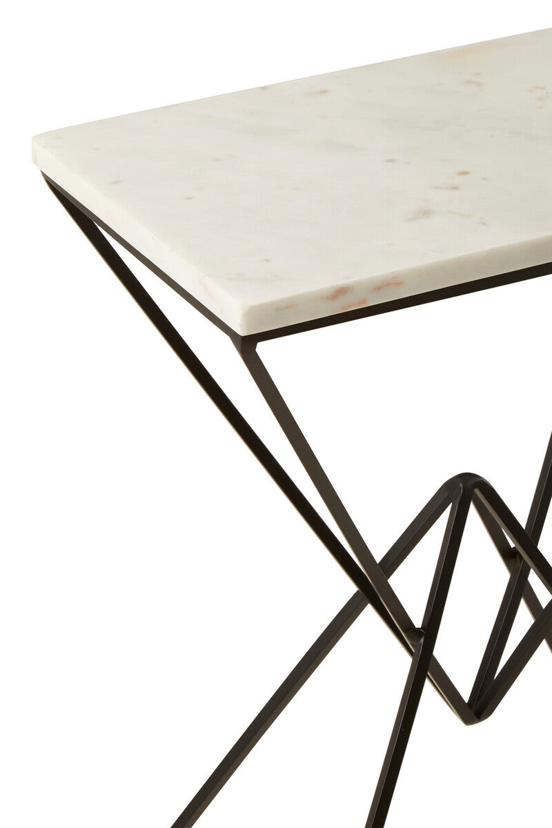 White Marble Top Rectangular Side Table With Black Metal Prismatic Base, Shalimar