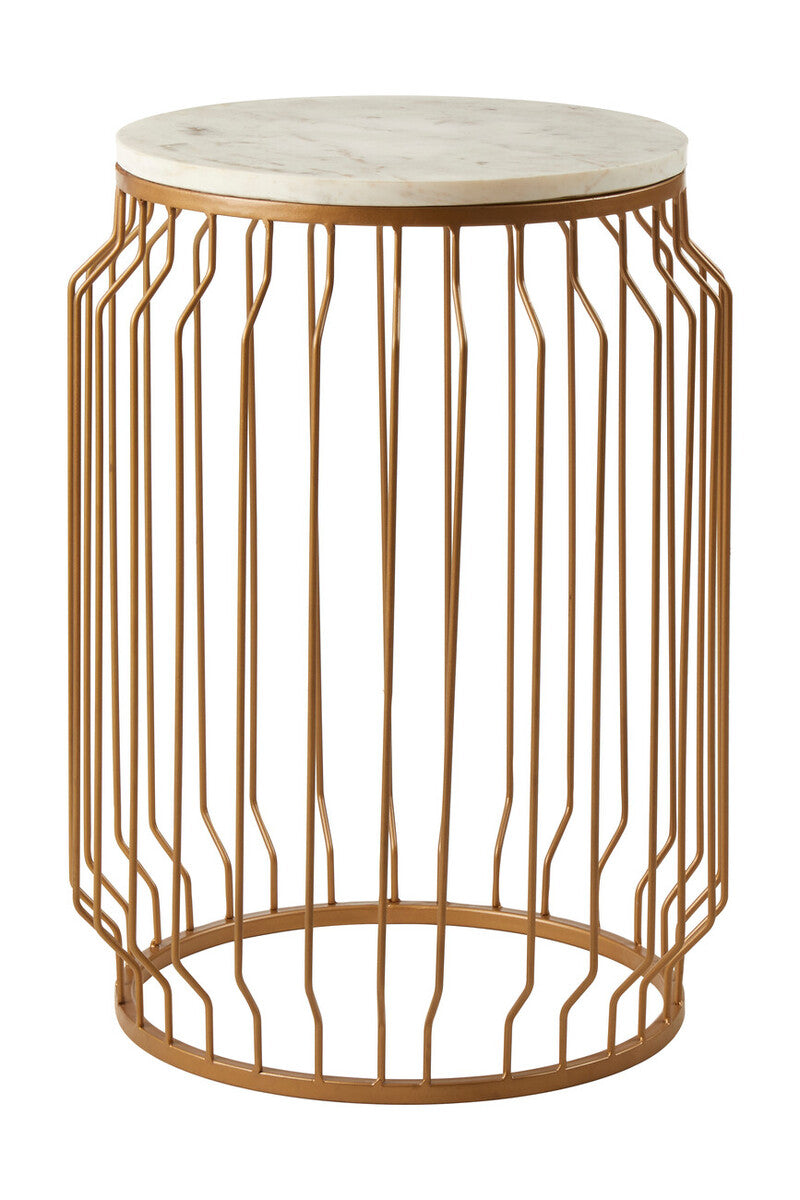 White Marble Top Round Side Table With Reflective Gold Wireframe Metal Base, Shalimar