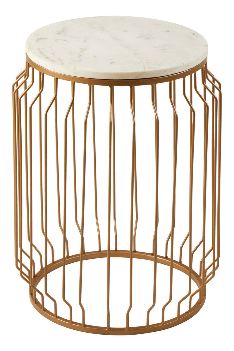 White Marble Top Round Side Table With Reflective Gold Wireframe Metal Base, Shalimar