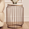 White Marble Top Round Side Table With Reflective Gold Wireframe Metal Base, Shalimar