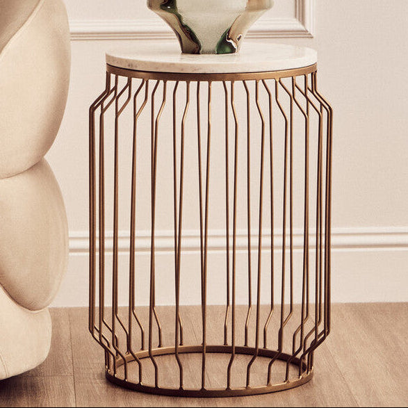 White Marble Top Round Side Table With Reflective Gold Wireframe Metal Base, Shalimar