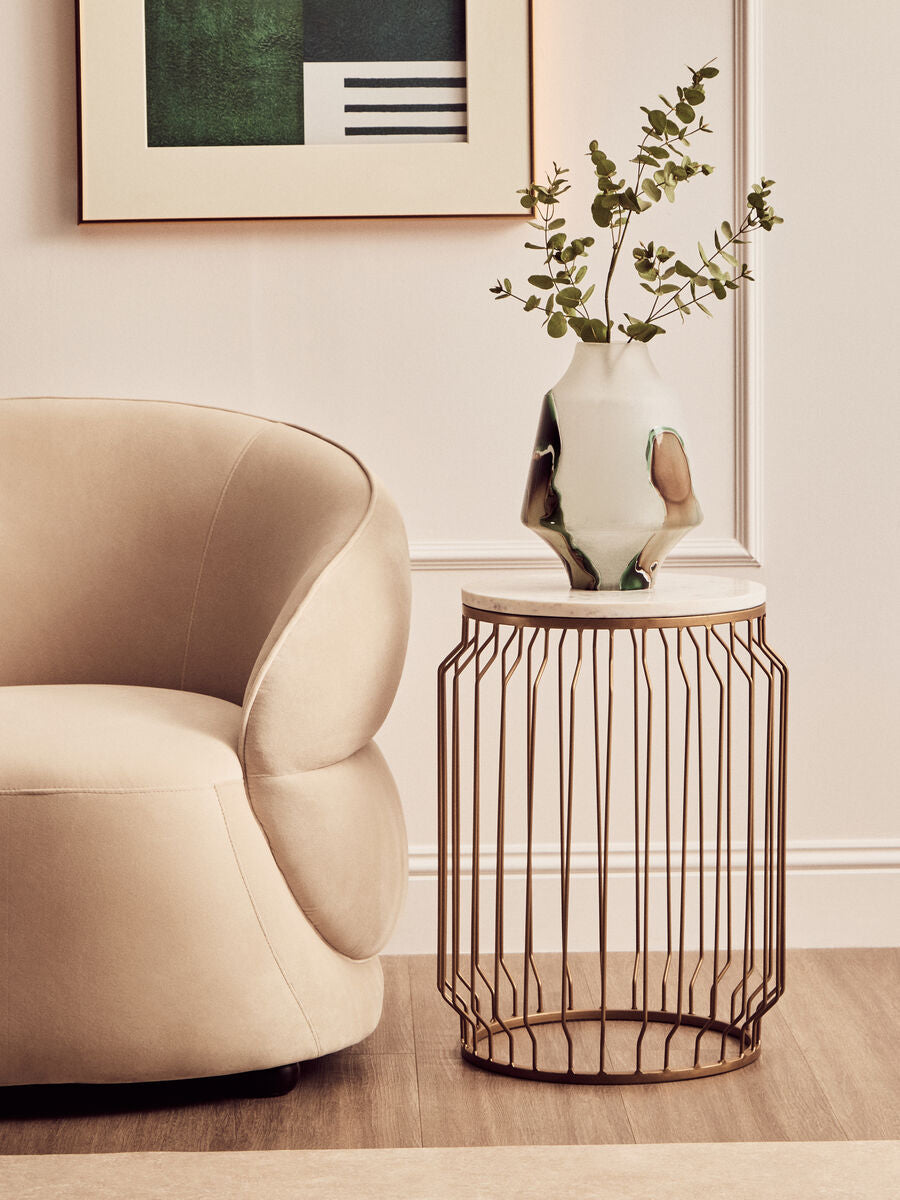 White Marble Top Round Side Table With Reflective Gold Wireframe Metal Base, Shalimar
