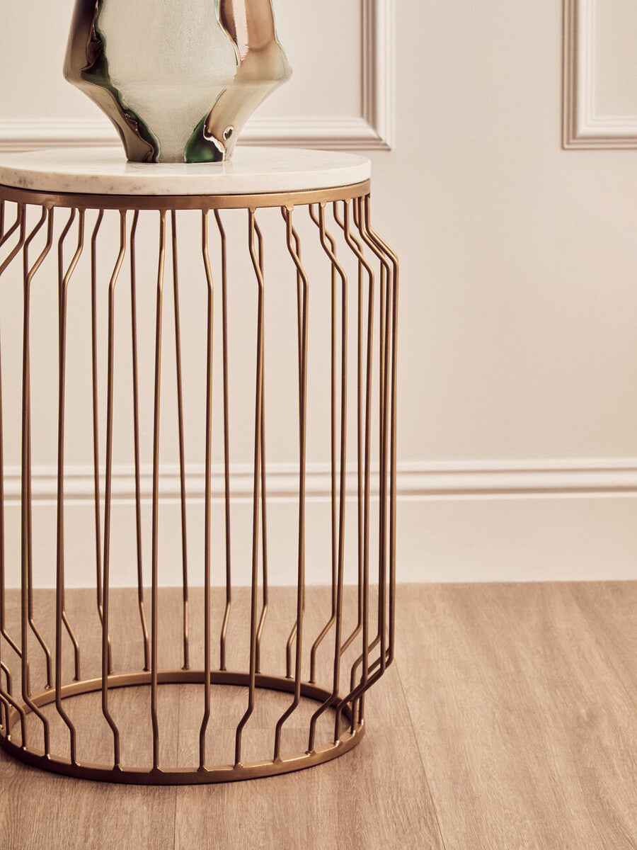 White Marble Top Round Side Table With Reflective Gold Wireframe Metal Base, Shalimar