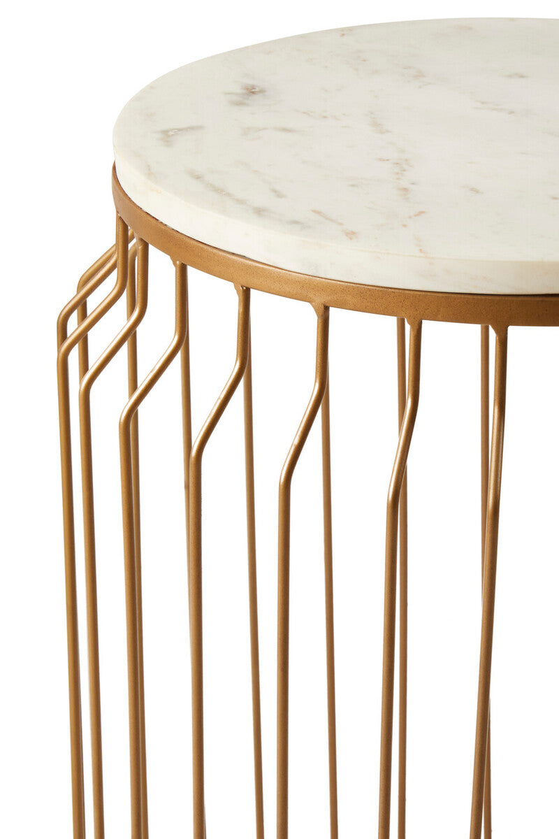 White Marble Top Round Side Table With Reflective Gold Wireframe Metal Base, Shalimar