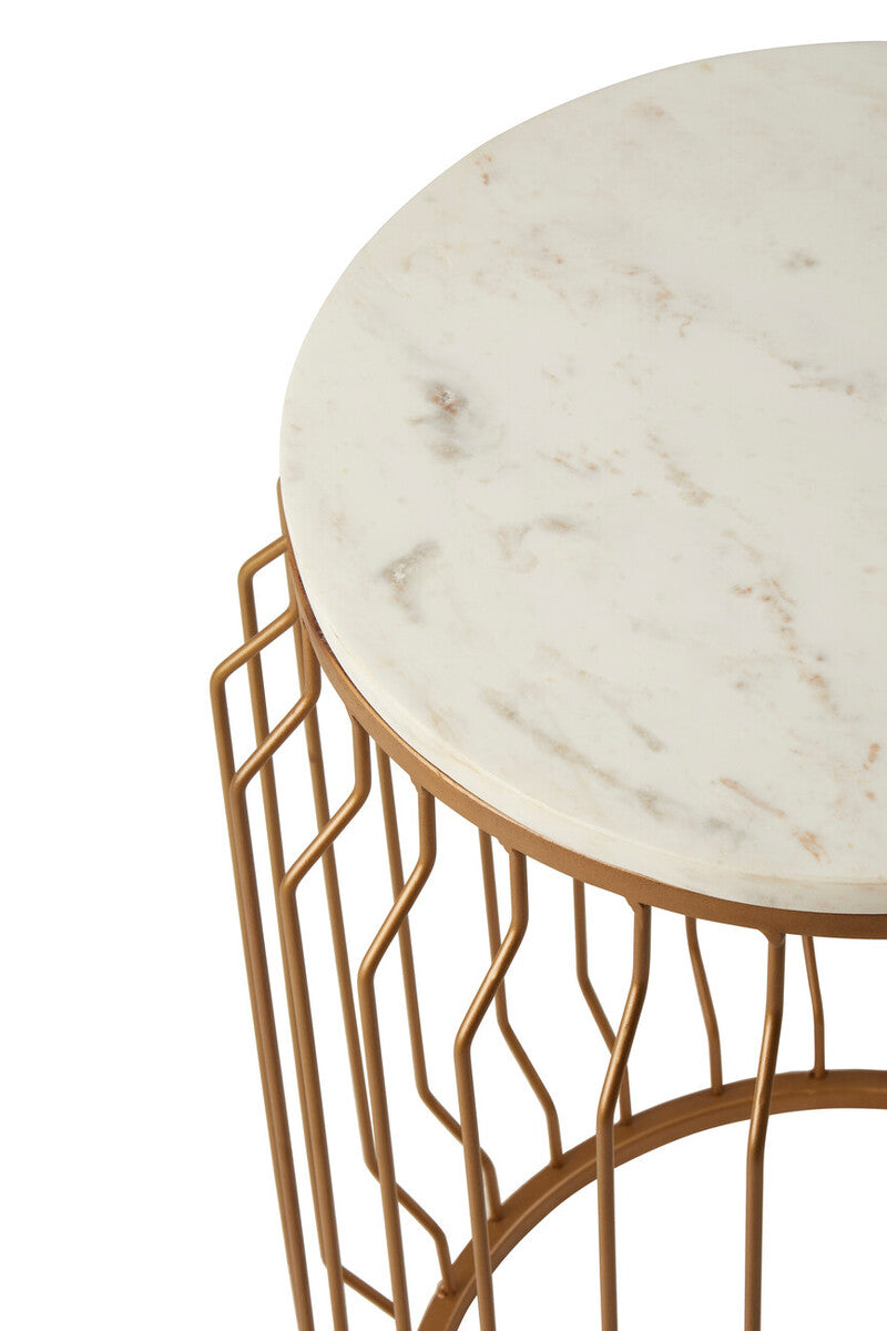 White Marble Top Round Side Table With Reflective Gold Wireframe Metal Base, Shalimar
