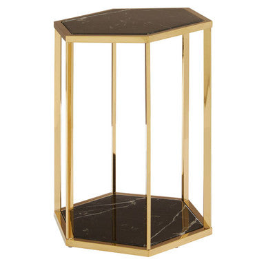 Hexagonal End Table With Black Marble Top & Bottom & Gold Stainless Steel Frame, Piermount
