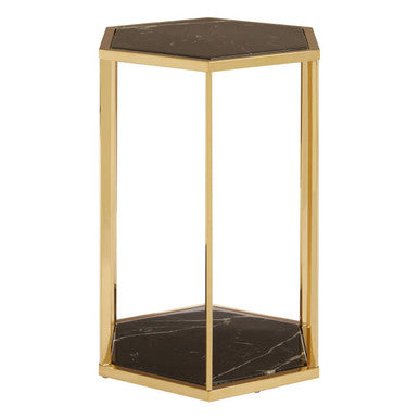 Hexagonal End Table With Black Marble Top & Bottom & Gold Stainless Steel Frame, Piermount