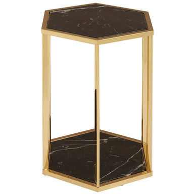 Hexagonal End Table With Black Marble Top & Bottom & Gold Stainless Steel Frame, Piermount