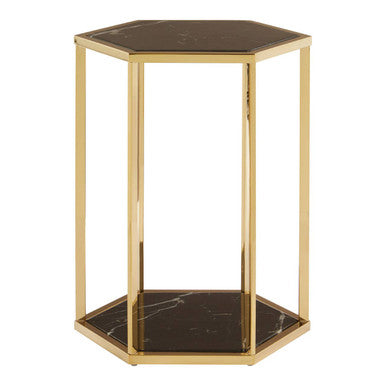 Hexagonal End Table With Black Marble Top & Bottom & Gold Stainless Steel Frame, Piermount