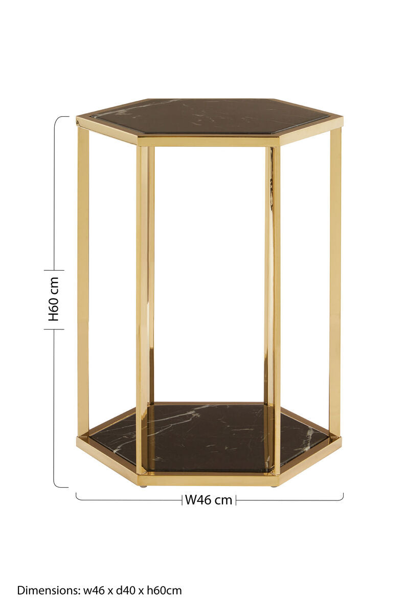 Hexagonal End Table With Black Marble Top & Bottom & Gold Stainless Steel Frame, Piermount