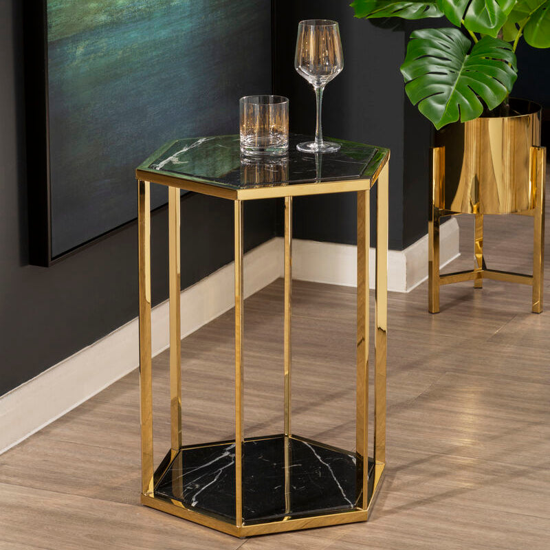 Hexagonal End Table With Black Marble Top & Bottom & Gold Stainless Steel Frame, Piermount