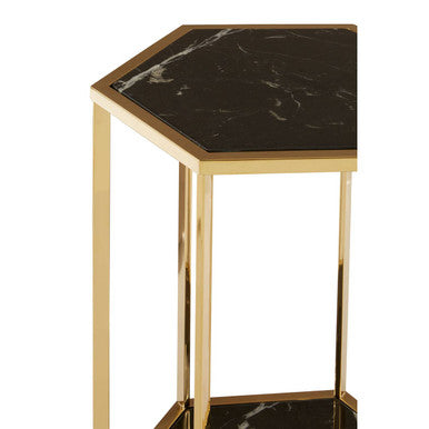 Hexagonal End Table With Black Marble Top & Bottom & Gold Stainless Steel Frame, Piermount
