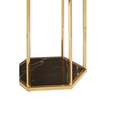 Hexagonal End Table With Black Marble Top & Bottom & Gold Stainless Steel Frame, Piermount
